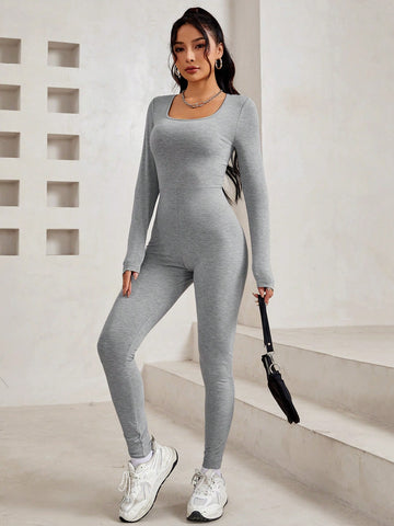 Ladies' Square Neck Long Sleeve Solid Color Jumpsuit