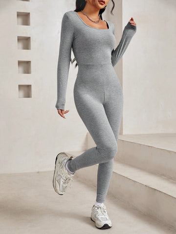 Ladies' Square Neck Long Sleeve Solid Color Jumpsuit