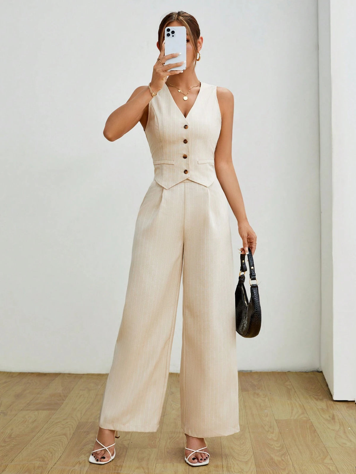 Ladies' Striped Two-Piece Set Summer Vest Suit Two Pieces