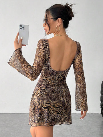 Leopard Print Backless Bell Sleeve Mesh Short Dress Street Fashion Sexy Fashion