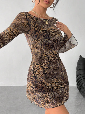 Leopard Print Backless Bell Sleeve Mesh Short Dress Street Fashion Sexy Fashion