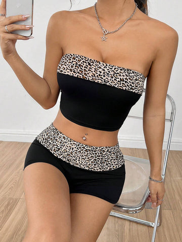 Leopard Print Spliced Bandeau Top And Shorts Set