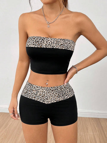 Leopard Print Spliced Bandeau Top And Shorts Set