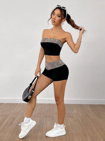 Leopard Print Spliced Bandeau Top And Shorts Set