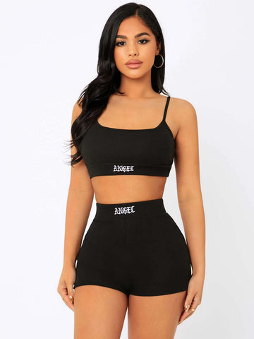 Letter Embroidery Cami Crop Top & Biker Shorts Set