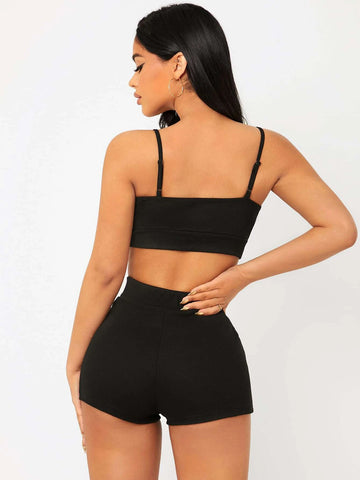 Letter Embroidery Cami Crop Top & Biker Shorts Set