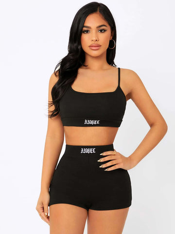 Letter Embroidery Cami Crop Top & Biker Shorts Set