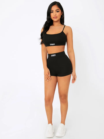 Letter Embroidery Cami Crop Top & Biker Shorts Set