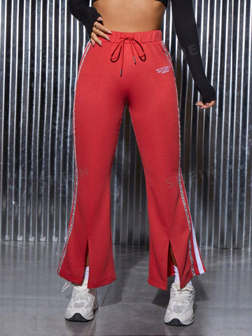 PETITE Letter Graphic Contrast Tape Side Split Hem Drawstring Waist Flare Leg Sweatpants