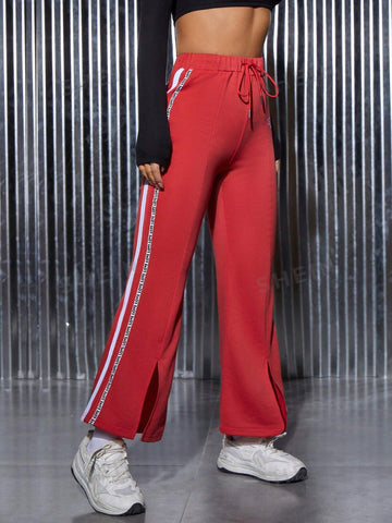 PETITE Letter Graphic Contrast Tape Side Split Hem Drawstring Waist Flare Leg Sweatpants