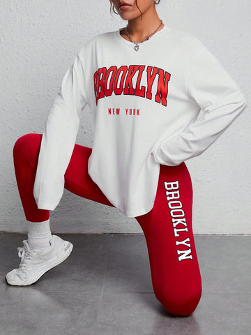 Letter Graphic Drop Shoulder Sweatshirt & Leggings