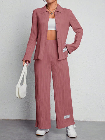 Letter Patched Detail Shirt & Wide Leg Pants