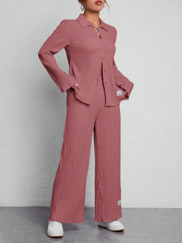 Letter Patched Detail Shirt & Wide Leg Pants