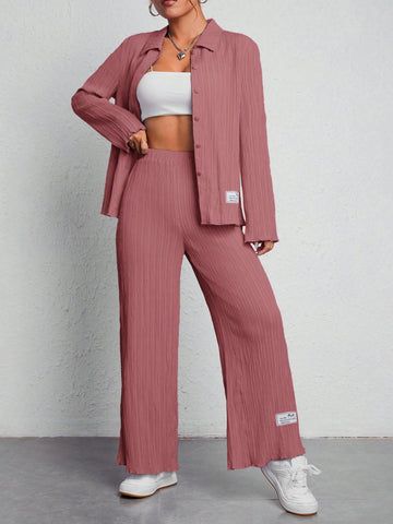 Letter Patched Detail Shirt & Wide Leg Pants