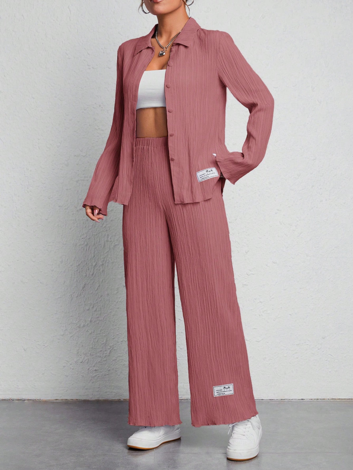 Letter Patched Detail Shirt & Wide Leg Pants