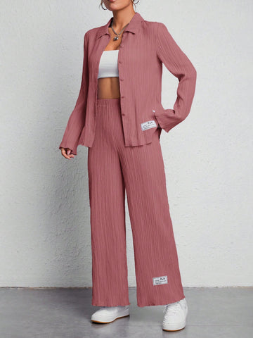 Letter Patched Detail Shirt & Wide Leg Pants