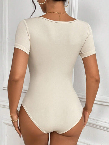 Light Apricot Bodysuit With Square Neck Short Sleeve Top And Drawstring Straight Pants Set