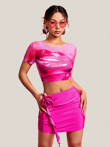 Lip Mesh Explanation Top & 3d Flower Decorated Skirt Two Piece Set
