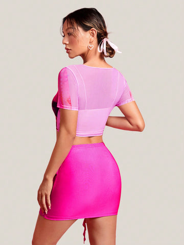 Lip Mesh Explanation Top & 3d Flower Decorated Skirt Two Piece Set
