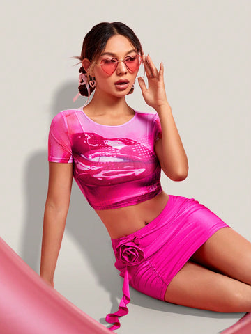 Lip Mesh Explanation Top & 3d Flower Decorated Skirt Two Piece Set