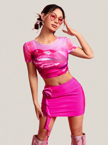 Lip Mesh Explanation Top & 3d Flower Decorated Skirt Two Piece Set