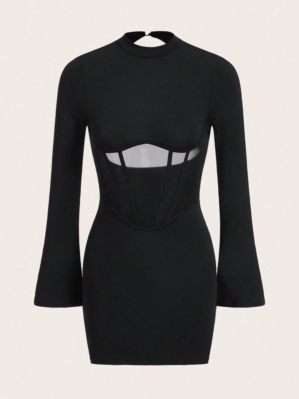 Mock Neck Mesh Insert Bodycon Black Dress