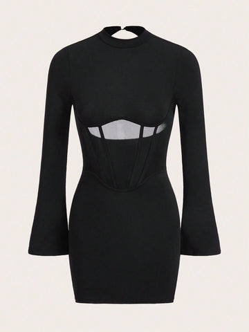 Mock Neck Mesh Insert Bodycon Black Dress