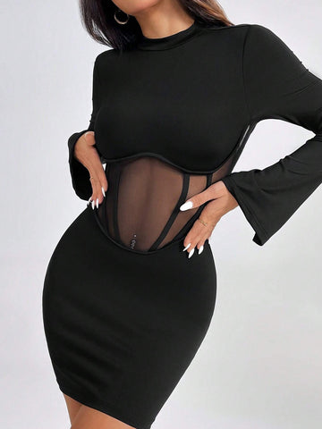 Mock Neck Mesh Insert Bodycon Black Dress