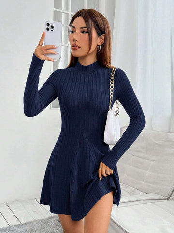 Mock Neck Ribbed Knit Spring Women Dress