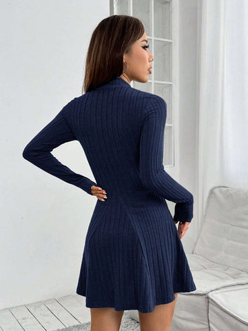 Mock Neck Ribbed Knit Spring Women Dress