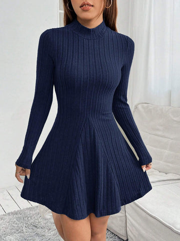 Mock Neck Ribbed Knit Spring Women Dress