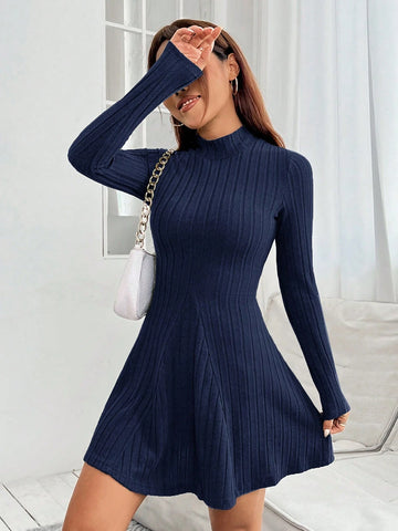 Mock Neck Ribbed Knit Spring Women Dress