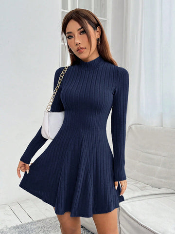 Mock Neck Ribbed Knit Spring Women Dress