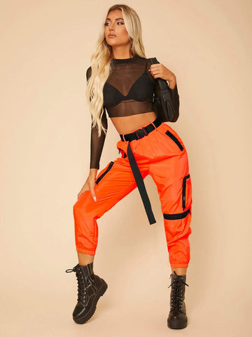 PETITE Neon Orange Buckle Belt Capris Cargo Pants