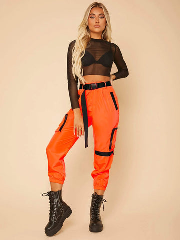 PETITE Neon Orange Buckle Belt Capris Cargo Pants