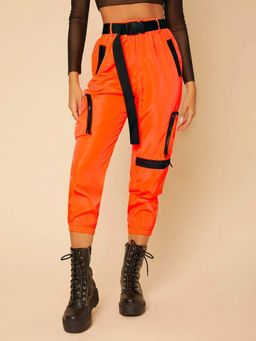 PETITE Neon Orange Buckle Belt Capris Cargo Pants