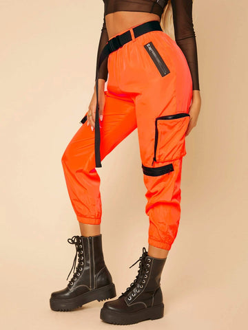 PETITE Neon Orange Buckle Belt Capris Cargo Pants