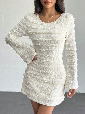 New Round Neck Sexy Jacquard Knit Elastic Fabric Bell Sleeve Backless Short Dress