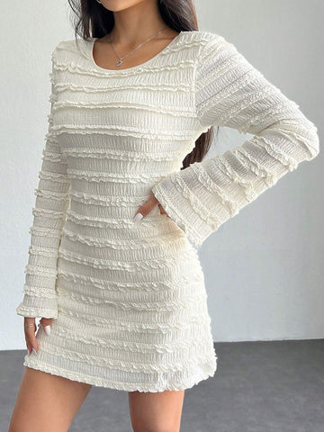 New Round Neck Sexy Jacquard Knit Elastic Fabric Bell Sleeve Backless Short Dress
