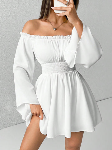 Off Shoulder Frill Trim Flounce Sleeve Bell Sleeves White Dress