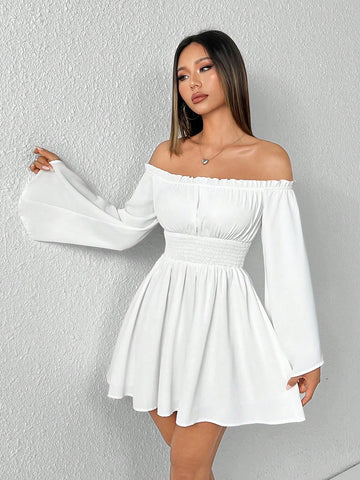 Off Shoulder Frill Trim Flounce Sleeve Bell Sleeves White Dress