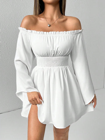 Off Shoulder Frill Trim Flounce Sleeve Bell Sleeves White Dress