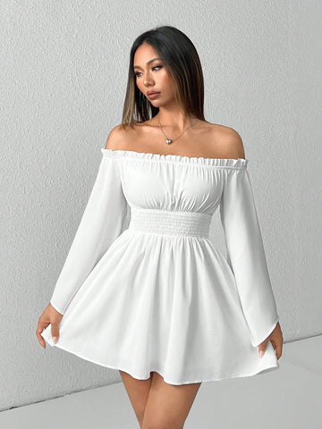 Off Shoulder Frill Trim Flounce Sleeve Bell Sleeves White Dress