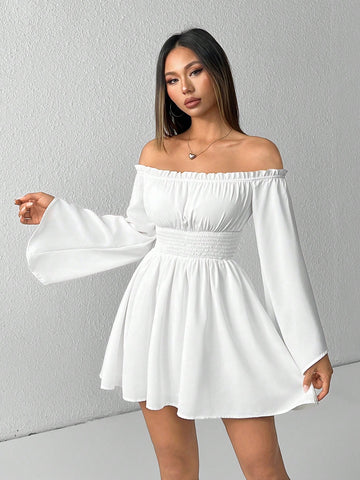 Off Shoulder Frill Trim Flounce Sleeve Bell Sleeves White Dress