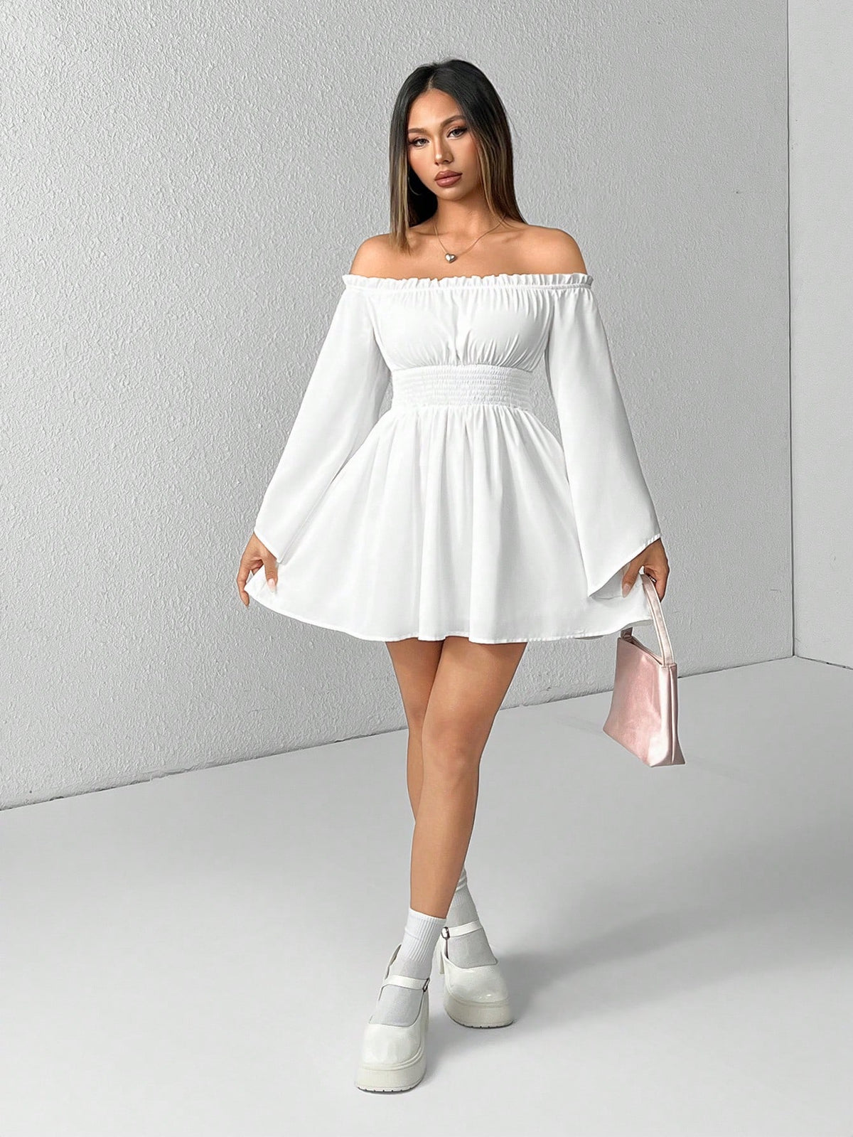 Off Shoulder Frill Trim Flounce Sleeve Bell Sleeves White Dress