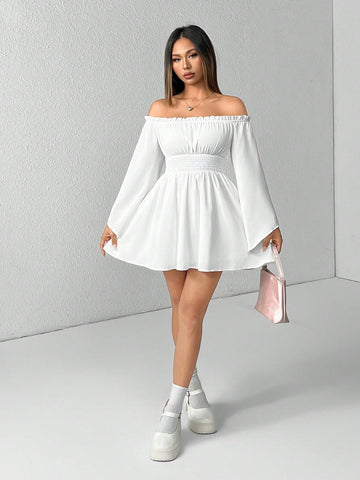 Off Shoulder Frill Trim Flounce Sleeve Bell Sleeves White Dress