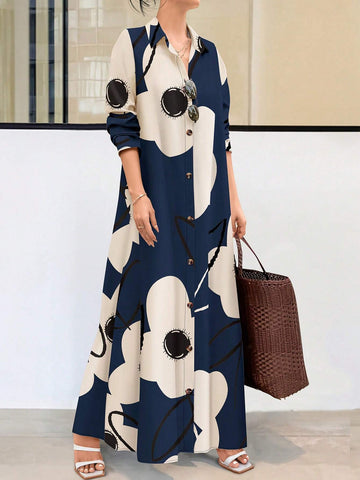 Plus Size Women Long Printed Shirt Dress