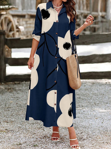 Plus Size Women Long Printed Shirt Dress