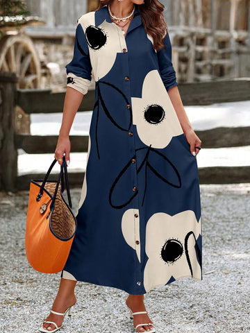 Plus Size Women Long Printed Shirt Dress