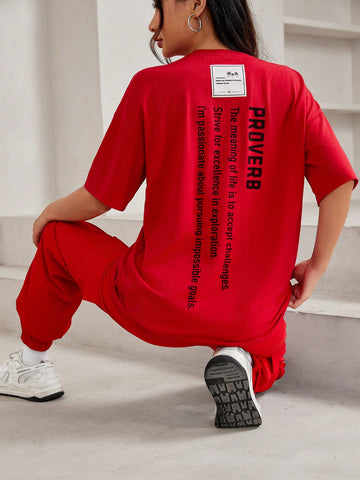 Printed Slogan Crew Neck T-Shirt And Cargo Pants Two Pieces Set